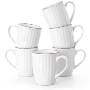 famiware Coffee Mugs Sets for 6, Eden 12 oz Mug Set, Coffee Cups with Handle for Coffee, Tea, Cocoa and Milk, Microwave and Dishwasher Safe, White Stripe