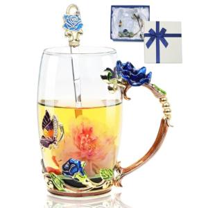 Flower Tea Cup ,Butterfly Rose Clear Glass Fancy Coffee Mug with Spoon,Gift Box for Her Mom Wife Grandma Girls Friends Valentines Christmas Birthday Present Idea for Juice,Hot And Cold Drinks Use