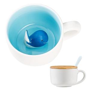 BigNoseDeer Whale Mug Cute Mugs with 3D Ceramic Whale Inside Kawaii Blue Whale Coffee Mug with Lid and Spoon Coffee Cups Tea Cups Cute Ctuff and Cute Gifts Birthday Gifts for Women 13.5oz