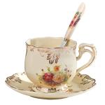 YOLIFE Tea Cup and Saucer Set, 8 oz Tea Cup Set, Teacup, Ceramic Tea Cup with Saucer Spoon, Ivory Vintage Flowering Shrubs with Gold Leaves Trim, Gifts for Women