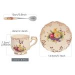 YOLIFE Tea Cup and Saucer Set, 8 oz Tea Cup Set, Teacup, Ceramic Tea Cup with Saucer Spoon, Ivory Vintage Flowering Shrubs with Gold Leaves Trim, Gifts for Women