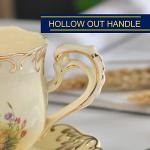 YOLIFE Tea Cup and Saucer Set, 8 oz Tea Cup Set, Teacup, Ceramic Tea Cup with Saucer Spoon, Ivory Vintage Flowering Shrubs with Gold Leaves Trim, Gifts for Women