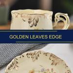 YOLIFE Tea Cup and Saucer Set, 8 oz Tea Cup Set, Teacup, Ceramic Tea Cup with Saucer Spoon, Ivory Vintage Flowering Shrubs with Gold Leaves Trim, Gifts for Women