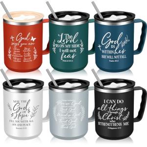 Nitial 6 Pcs 17 oz Christian Coffee Mugs with Lid and Straw Religious Bible Verse Christian Gifts Insulated Inspirational Bible Affirmations Tumbler for Friend Men Women Favor (Multicolor)