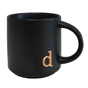 COLLECTIVE HOME - Black Monogram Ceramic Mugs, 15 oz Golden Initial Coffee Cups, Elegant Alphabet Tea Mugs, Personalized Halloween Mug with Gift Box, Perfect for Office and Home Décor (d)