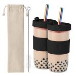 Amyoole 2 Pack Reusable Boba Cup,24Oz Wide Mouth Smoothie Cup,mason Jar Glass Cups with Lids and Straws,Bubble/Boba Tea Cups,Ice Coffee Tumbler 2 colored straws 1 sponge brush(Black)