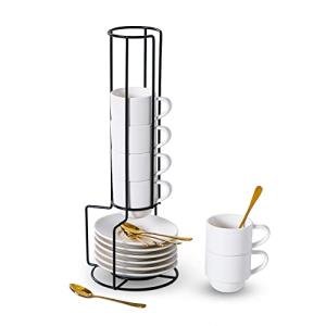 Lareina Porcelain Stackable Espresso Cups with Saucers, Spoons and Metal Stand, 3 Ounce Small Coffee Cups Set of 6 - Ceramic Demitasse Mugs, White
