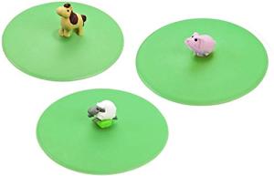 LURCH Germany Silicone Reusable Coffee & Tea Mug Lid | Glass Cup Cover | Anti-dust And Camping & Outdoor Suction Seal | For Hot and Cold Beverages | Set of 3 - Green (Farm Animals Theme)