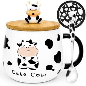 Arawat Cute Cow Coffe Mugs Gift with Lid and Spoon Cows Print Stuff Kitchen Decor 400ml Cow Ceramic Tea Coffee Mug Kawaii 3D Animal Cup Birthday Gifts Women Men Girls Animals Lovers