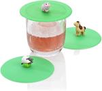 LURCH Germany Silicone Reusable Coffee & Tea Mug Lid | Glass Cup Cover | Anti-dust And Camping & Outdoor Suction Seal | For Hot and Cold Beverages | Set of 3 - Green (Farm Animals Theme)