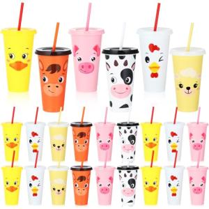Domensi 24 Pcs Plastic Cups with Lid and Straw 24 oz Reusable Plastic Tumbler Party Favors Water Bottle Coffee Mug for Birthday Party Operation Christmas Classroom Exchange Gifts(Farm Animal)