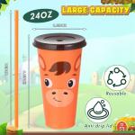 Domensi 24 Pcs Plastic Cups with Lid and Straw 24 oz Reusable Plastic Tumbler Party Favors Water Bottle Coffee Mug for Birthday Party Operation Christmas Classroom Exchange Gifts(Farm Animal)