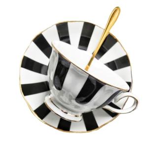 VrythosNex ​3-Piece Checkered Coffee Cup and Saucer Set with Spoon, 7oz Bone China Porcelain, Black-and-White Vintage Mug Set for Home Office and Afternoon Tea, Elegant Gift Choice​​