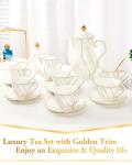 DUJUST 22 pcs White Porcelain Tea Set for 6, Luxury British Style Tea/Coffee Cup Set with Golden Trim, Beautiful Tea Set for Women, Tea Party Set, Gift Package (With a Stand)