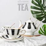 VrythosNex ​3-Piece Checkered Coffee Cup and Saucer Set with Spoon, 7oz Bone China Porcelain, Black-and-White Vintage Mug Set for Home Office and Afternoon Tea, Elegant Gift Choice​​