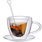 Patelai Heart Shaped Double Walled Glass Insulated Coffee Mug Clear Tea Cup 180 Ml, 6 oz Cappuccino Cup with Saucer and Heart Shaped Coffee Spoons for Anniversary Party Supplies