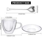 Patelai Heart Shaped Double Walled Glass Insulated Coffee Mug Clear Tea Cup 180 Ml, 6 oz Cappuccino Cup with Saucer and Heart Shaped Coffee Spoons for Anniversary Party Supplies