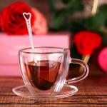 Patelai Heart Shaped Double Walled Glass Insulated Coffee Mug Clear Tea Cup 180 Ml, 6 oz Cappuccino Cup with Saucer and Heart Shaped Coffee Spoons for Anniversary Party Supplies