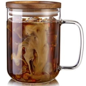 DRASTAR Glass Coffee Mugs, 20 oz Large Iced Coffee Cups, Flat Bottomed Cups with Acacia Wood Lid, Glass Tea Cup with Handle, Clear Tea Cup Set of 1