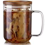 DRASTAR Glass Coffee Mugs, 20 oz Large Iced Coffee Cups, Flat Bottomed Cups with Acacia Wood Lid, Glass Tea Cup with Handle, Clear Tea Cup Set of 1