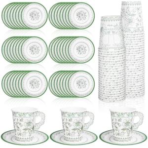 Whaline 80 Pcs Green White Floral Paper Tea Cups and Saucers Chinoiserie Flower 9oz Disposable Teacups with Handle and Dessert Plates for Wedding Birthday Spring Tea Party