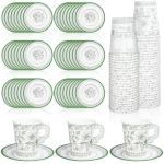 Whaline 80 Pcs Green White Floral Paper Tea Cups and Saucers Chinoiserie Flower 9oz Disposable Teacups with Handle and Dessert Plates for Wedding Birthday Spring Tea Party