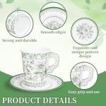 Whaline 80 Pcs Green White Floral Paper Tea Cups and Saucers Chinoiserie Flower 9oz Disposable Teacups with Handle and Dessert Plates for Wedding Birthday Spring Tea Party