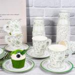Whaline 80 Pcs Green White Floral Paper Tea Cups and Saucers Chinoiserie Flower 9oz Disposable Teacups with Handle and Dessert Plates for Wedding Birthday Spring Tea Party