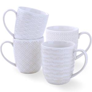 ARRADENS Embossment Coffee Mugs Set of 4, 12 oz Ceramic Coffee Cups Set, White Tea Cups with Large Handle for Latte, Cappuccino, Mocha, Cocoa, Microwave & Dishwasher Safe