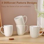 ARRADENS Embossment Coffee Mugs Set of 4, 12 oz Ceramic Coffee Cups Set, White Tea Cups with Large Handle for Latte, Cappuccino, Mocha, Cocoa, Microwave & Dishwasher Safe