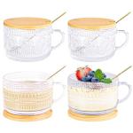 Icesip 14 oz Vintage Coffee Mugs Glass of 4 Iced Coffee Glass Cups with Bamboo Lids Spoons Handle for Coffee Latte Cereal Yogurt(Mixed Pattern with Spoon Hole Lid)