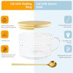 Icesip 14 oz Vintage Coffee Mugs Glass of 4 Iced Coffee Glass Cups with Bamboo Lids Spoons Handle for Coffee Latte Cereal Yogurt(Mixed Pattern with Spoon Hole Lid)