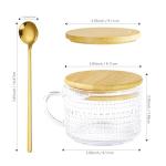 Icesip 14 oz Vintage Coffee Mugs Glass of 4 Iced Coffee Glass Cups with Bamboo Lids Spoons Handle for Coffee Latte Cereal Yogurt(Mixed Pattern with Spoon Hole Lid)
