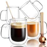 COMOME Double Walled Glass Coffee Mugs 16 OZ, Borosilicate Glass Coffee Cups Set of 4 with Spoons, Insulated Clear Coffee Mug for Hot Beverages, Cappuccino, Latte, Tea Bag.