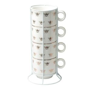 Grace Teaware Stackable Porcelain Coffee Tea Mug 10-Ounce Set of 4 With Metal Stand (Gold Bees)