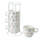 Grace Teaware Stackable Porcelain Coffee Tea Mug 10-Ounce Set of 4 With Metal Stand (Gold Bees)
