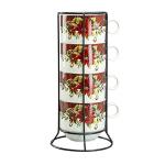 Grace Teaware Stackable Coffee Tea Mug 10-Ounce Set of 4 With Metal Stand (Poinsettia)