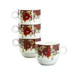 Grace Teaware Stackable Coffee Tea Mug 10-Ounce Set of 4 With Metal Stand (Poinsettia)