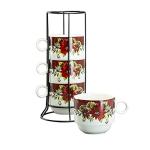 Grace Teaware Stackable Coffee Tea Mug 10-Ounce Set of 4 With Metal Stand (Poinsettia)