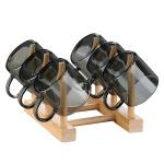 Kung Fu 6 Pcs Small Glass Tea Cup(4.06oz/120ml) + Holder Set in Smoky Gray, Bamboo Wood Chinese Tea Utensil Decoration, Transparent Mini Espresso Cup