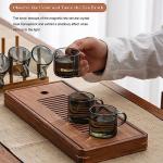 Kung Fu 6 Pcs Small Glass Tea Cup(4.06oz/120ml) + Holder Set in Smoky Gray, Bamboo Wood Chinese Tea Utensil Decoration, Transparent Mini Espresso Cup