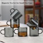Kung Fu 6 Pcs Small Glass Tea Cup(4.06oz/120ml) + Holder Set in Smoky Gray, Bamboo Wood Chinese Tea Utensil Decoration, Transparent Mini Espresso Cup