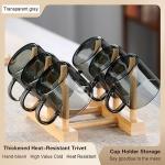Kung Fu 6 Pcs Small Glass Tea Cup(4.06oz/120ml) + Holder Set in Smoky Gray, Bamboo Wood Chinese Tea Utensil Decoration, Transparent Mini Espresso Cup