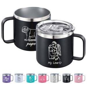 Personalized Coffee Mug with Lid Custom 12oz 14oz Insulated Coffee Tumbler with Handle Engraved Name Text Stainless Steel Travel Mug Gifts for Men Women Friends Colleagues