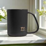 COLLECTIVE HOME - Ergonomic Handle Ceramic Mug, 15 oz Personalized Coffee Cup with Golden Initial, Microwave & Dishwasher Safe, Elegant Monogram Tea Mug in Gift Box for Home & Office (Black-m)