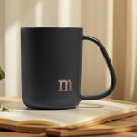 COLLECTIVE HOME - Ergonomic Handle Ceramic Mug, 15 oz Personalized Coffee Cup with Golden Initial, Microwave & Dishwasher Safe, Elegant Monogram Tea Mug in Gift Box for Home & Office (Black-m)