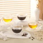 GURUDAR Double Wall Insulated Glass Tea Cups Set of 4, Clear Borosilicate Glass Espresso Shot Cups for Espresso Machine, Teacups Coffee Mugs with Handle for Cappuccino Latte, 7OZ/200ML