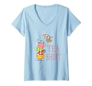 Womens TEA SHIRT PUN Cute And Fun Teacups In A Tall Pile Of Cups V-Neck T-Shirt