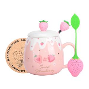XinHuiGY Pink Mug,Cute Strawberry Cup with Lid,Spoon and Coaster,Ceramic Coffee Mug, Kawaii Cup for Tea Milk,Women Girls Student Korean Style 450ML Christmas Birthday Gift