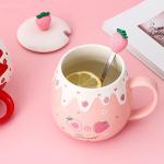 XinHuiGY Pink Mug,Cute Strawberry Cup with Lid,Spoon and Coaster,Ceramic Coffee Mug, Kawaii Cup for Tea Milk,Women Girls Student Korean Style 450ML Christmas Birthday Gift